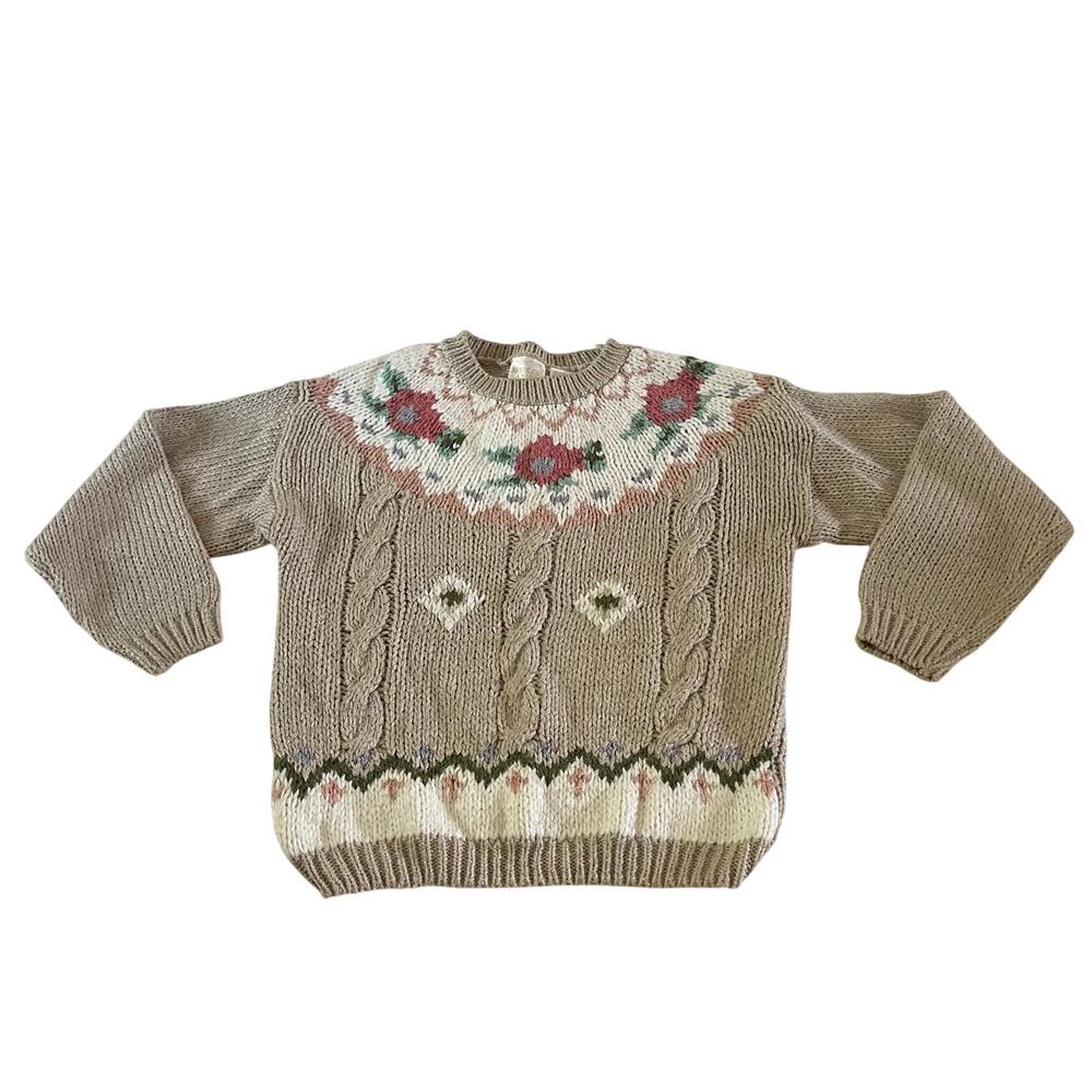 Vtg Y2K 2000s Floral Heavy Cable Knit Pullover Sweater Sz S Cottagecore